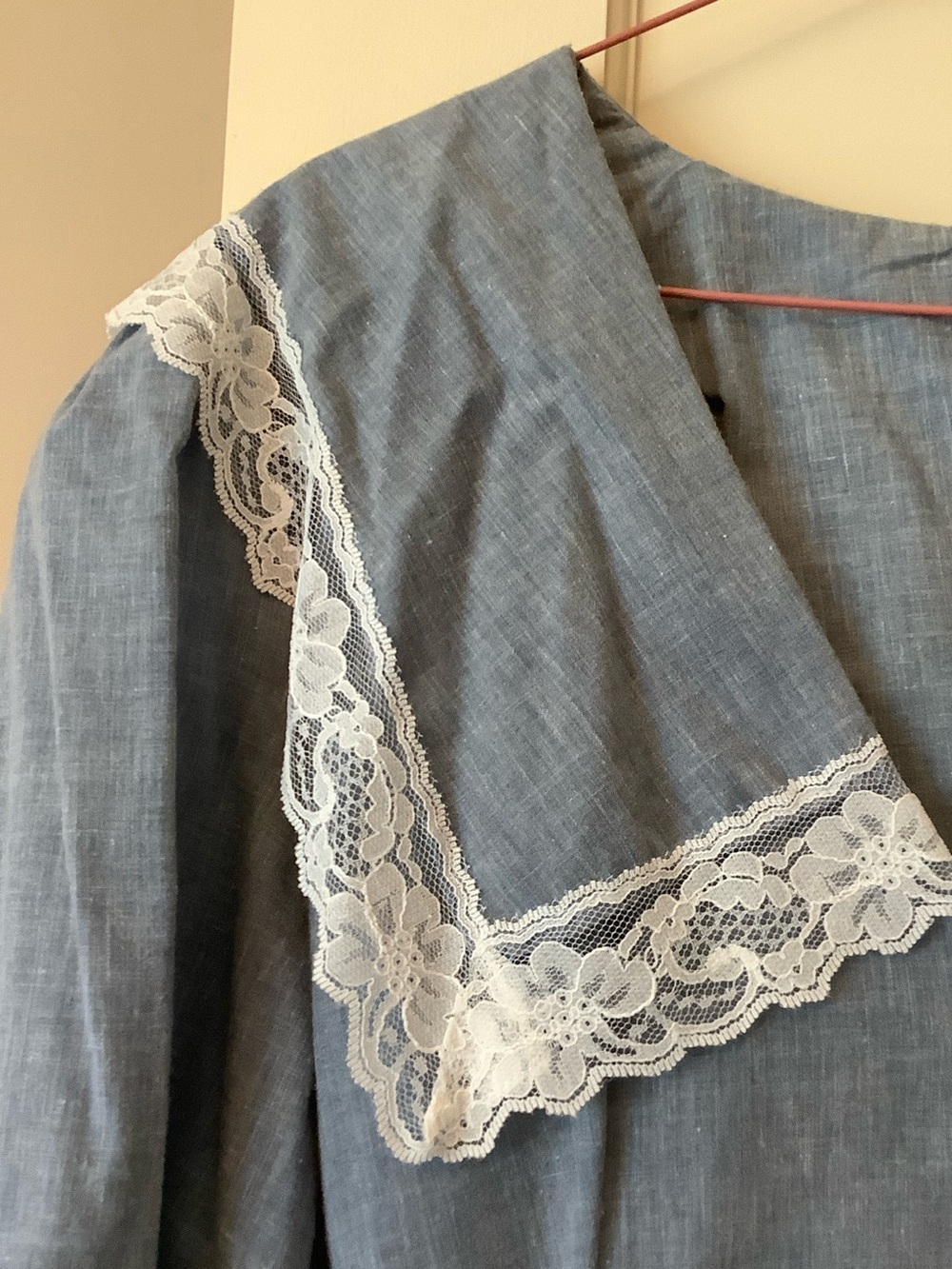 Vintage Prairie Blue Lace Collar Women's Dress - Picture 4 of 10